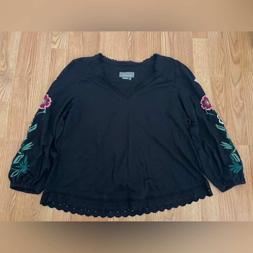 Anthropologie Black/Floral Embroidered Long Sleeves Blouse Women Size M
